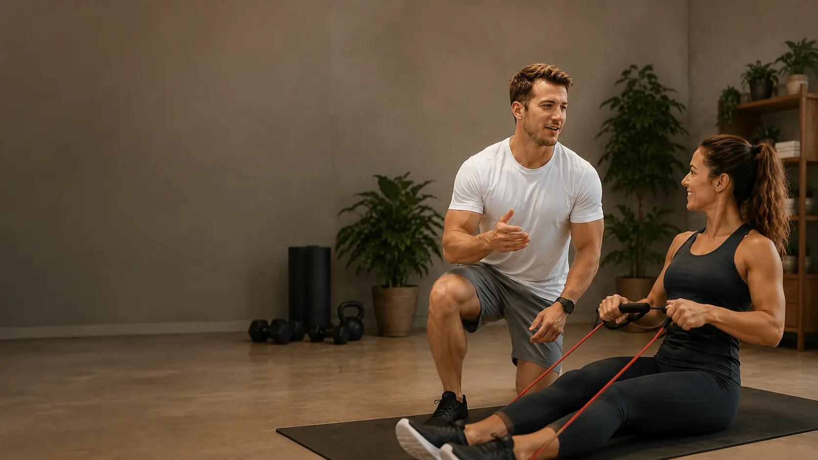 Coach sportif à domicile accompagnant une cliente lors d'une séance